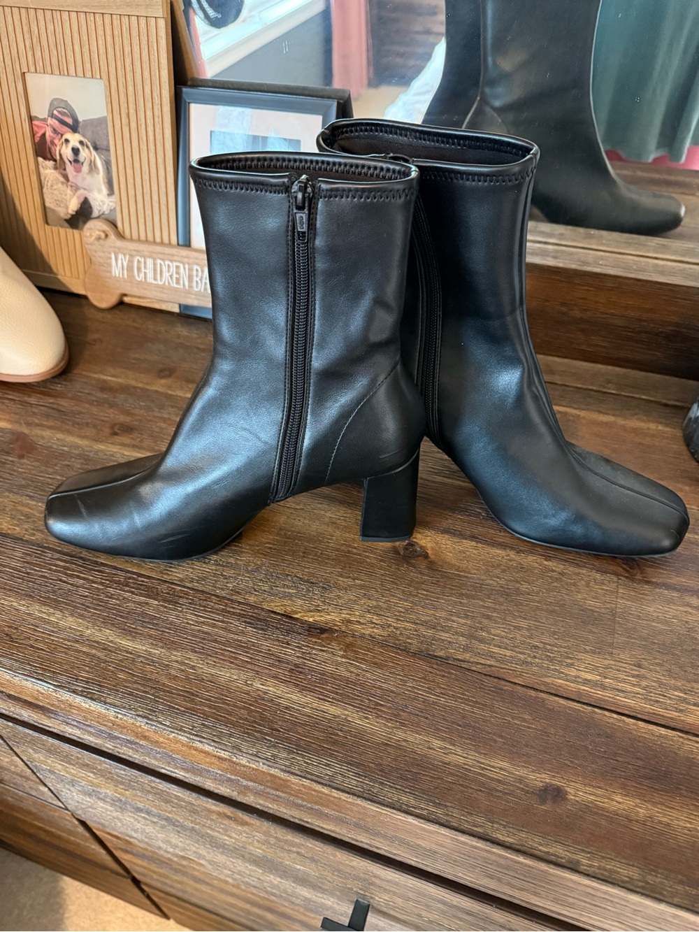 Black Mid-Heel Zip Ankle Boots